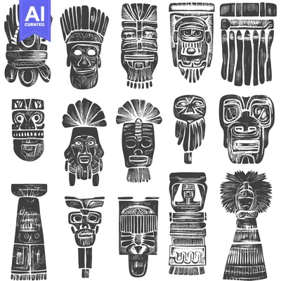 Aset premium populer: Collection of Carved Wooden Masks with Intricate Designs
