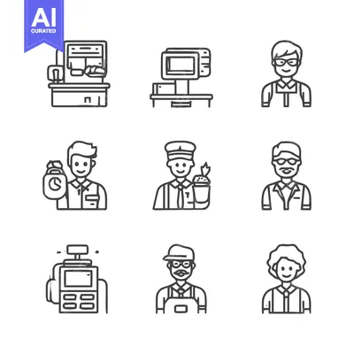 Aset desain premium: Collection of various line art icons depicting people and technology.