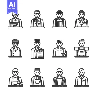 Aset premium populer: Diverse Line Art Illustrations of Various Professions and Occupations.