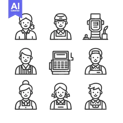 Aset desain premium: Diverse Line Art Icons Depicting Various Professions and Occupations.