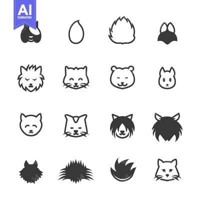 Aset desain premium: Collection of Cat and Animal Head Icons in Black and White