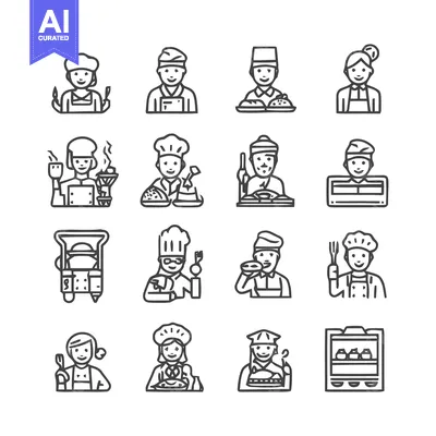 Aset desain premium: Chef Icons - Diverse Culinary Professionals in Various Settings.
