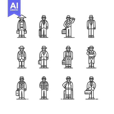 Aset desain premium: Diverse Line Art Illustrations of Various Professions and Occupations.
