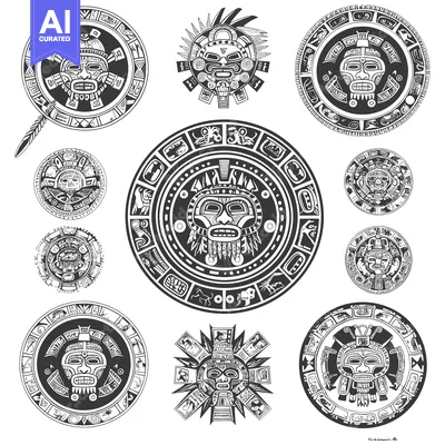 Aset desain premium: Collection of Circular Aztec Designs with Masks and Symbolic Patterns