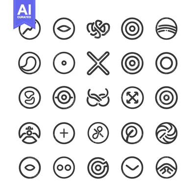 Aset desain premium: Collection of Circular Line Art Icons with Various Symbols and Designs