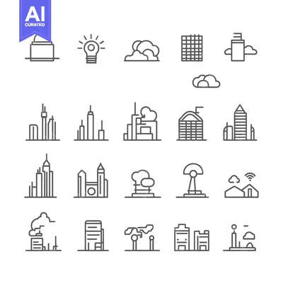 Aset desain premium: Collection of City Building Line Icons