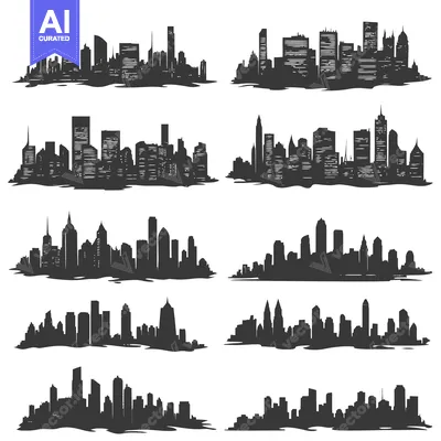 Aset desain premium: Collection of City Skyline Silhouettes with Various Building Designs