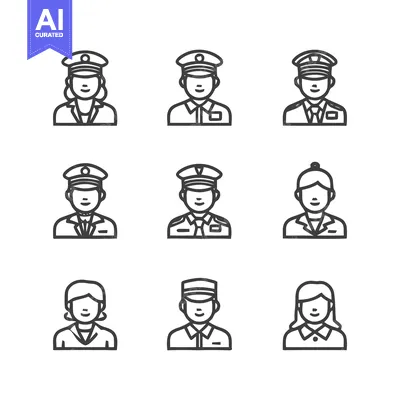 Aset desain premium: Diverse Uniformed Professionals - A Collection of Line Art Icons.