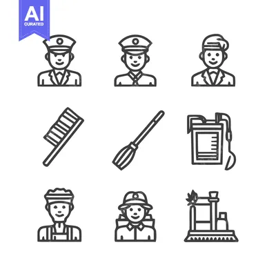Aset premium populer: Collection of Line Art Icons Depicting Various Professions and Tools.