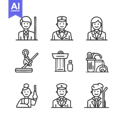 Aset desain premium: Diverse Professional Icons Representing Various Occupations and Roles.