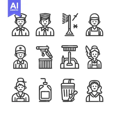 Aset desain premium: Collection of Line Art Icons Depicting Various Professions and Objects