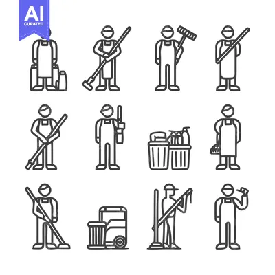 Aset premium populer: Cleaning crew icons representing various cleaning activities and tools