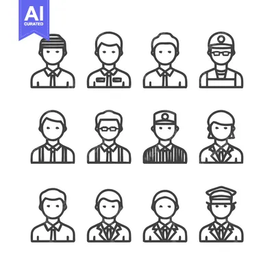 Aset desain premium: Diverse Line Art Portraits Depicting Various Professions and Occupatio