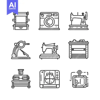 Aset desain premium: Collection of various sewing and textile industry equipment icons.