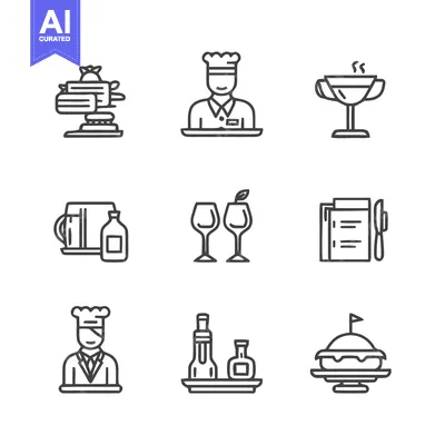 Restaurant and food service icons in a simple linear style.