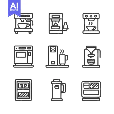 Aset desain premium: Coffee Machine Icon Set - Diverse Styles and Designs.