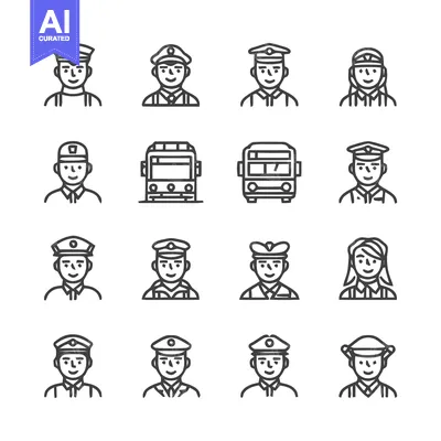 Aset desain premium: Collection of Line Art Illustrations Featuring People and Vehicles.