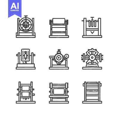 Aset desain premium: Vintage Industrial Machinery Icons - Detailed Line Art Illustrations.