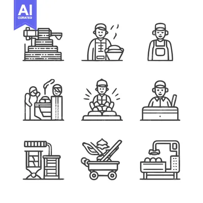 Aset premium populer: Illustrative icons depicting various stages of food processing and pro