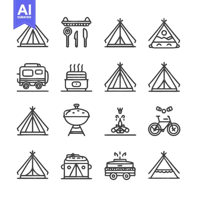 Aset premium populer: Camping and Outdoor Adventure Icons in Minimalist Style.