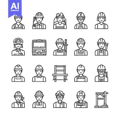 Aset desain premium: Construction workers in safety helmets, line art illustration.