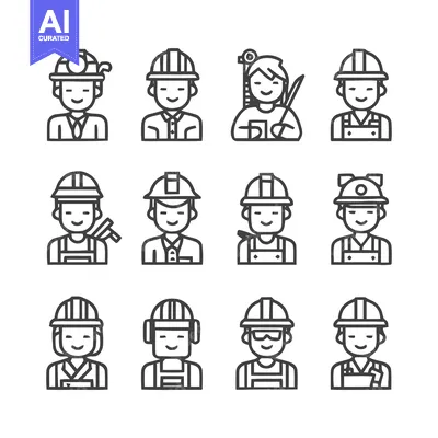 Aset desain premium: Diverse Construction Workers - A Collection of Line Art Icons.