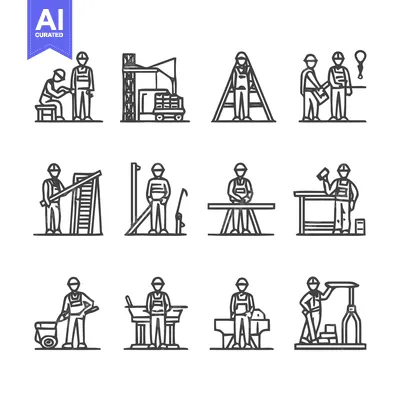 Popular premium asset: Construction workers performing various tasks in line art style.