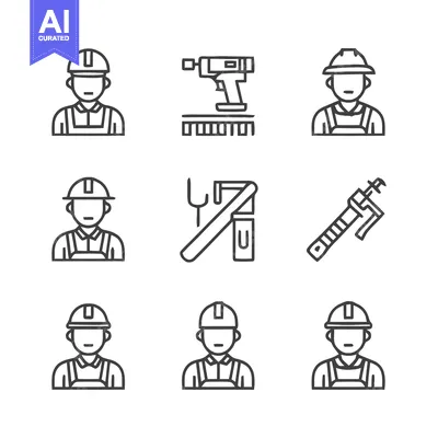 Aset desain premium: Construction Workers and Tools - A Detailed Icon Set.