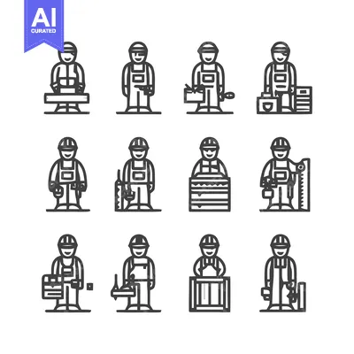 Aset premium populer: Construction workers icons set, various professions, line art style.