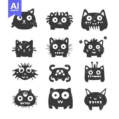 Aset desain premium: Collection of Cute and Funny Black Cat Characters with Different Expre