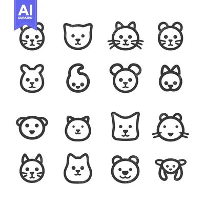 Aset premium populer: Collection of Cute Animal Face Icons in Black Outline Style