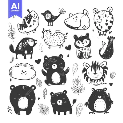 Popular premium asset: Collection of Cute Hand-Drawn Black and White Animals