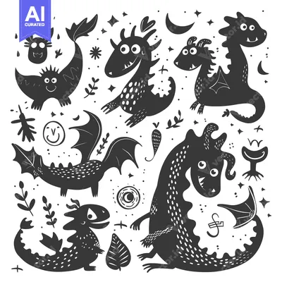 Aset desain premium: Collection of Cute Hand-Drawn Black and White Dragons with Wings and T
