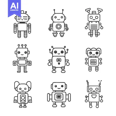 Aset premium populer: Collection of Cute Robot Illustrations in Outline Style