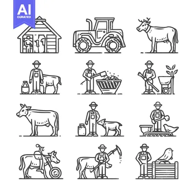 Aset desain premium: Farm Life - A Collection of Agricultural Icons and Illustrations.