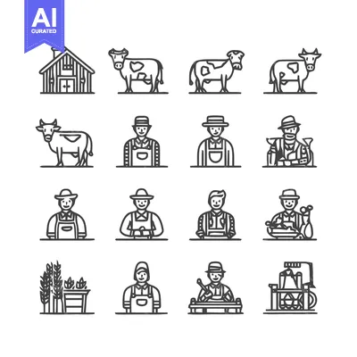 Popular premium asset: Farm life - Barns, cows, and farmers in line art.