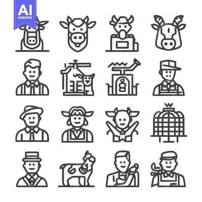 Aset premium populer: Farm Life Icons - Cows, Farmers, and Agricultural Elements.