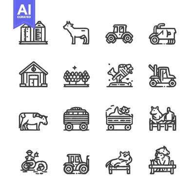 Aset desain premium: Farm Icons - Agriculture, Farming, Livestock, and Rural Life.