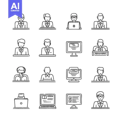 Aset desain premium: Office workers and computer screens in a business environment.