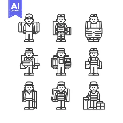 Aset premium populer: Delivery personnel icons representing various poses and carrying packa