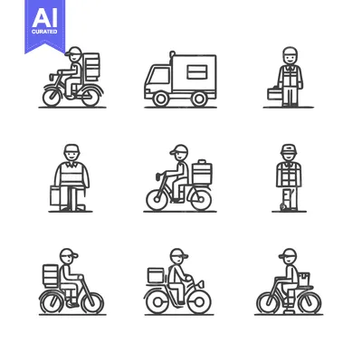 Aset premium populer: Delivery Icons - Courier, Truck, and Motorcycle Illustrations.
