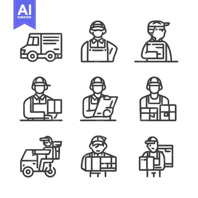 Delivery Icons - Courier, Truck, and Scooter Delivering Packages.