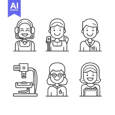 Aset premium populer: Line art illustrations of various professions and equipment.