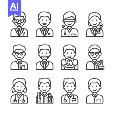 Aset desain premium: Diverse medical professionals and healthcare workers in line art style