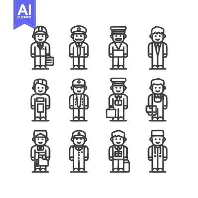 Aset desain premium: Diverse Professions - A Collection of Line Art Illustrations.
