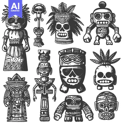 Aset premium populer: Collection of Detailed Black and White Drawings of Aztec Skulls and Fi
