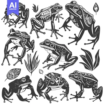 Aset premium populer: Collection of Detailed Black and White Frog Illustrations