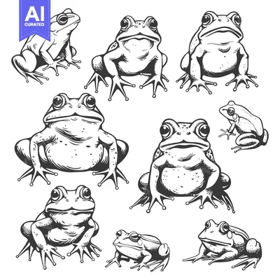 Premium design asset: Collection of Detailed Black and White Frog Illustrations