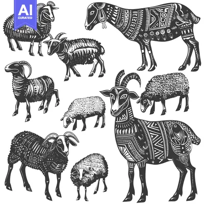Aset premium populer: Collection of Detailed Black and White Sheep and Goat Illustrations