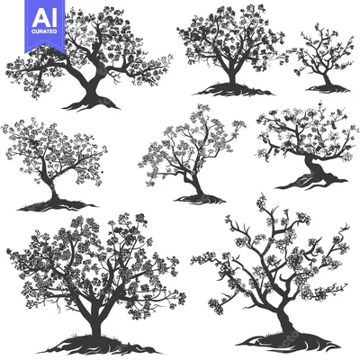 Aset desain premium: Collection of Detailed Black and White Tree Silhouettes